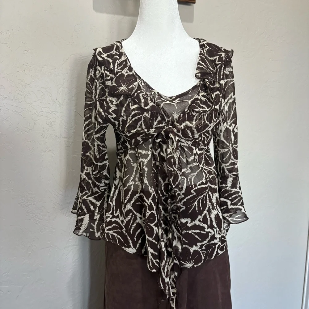 NWT 90s Sheer Floral Ruffle Tie Blouse Brown Beige | Versailles PM - Picture 2 of 12